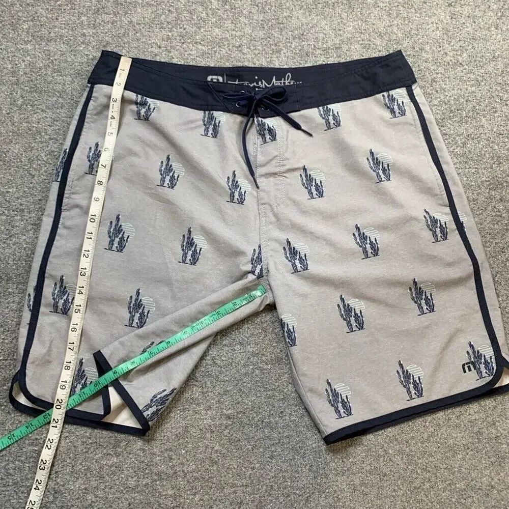 Travis Mathew Board Shorts Mens 38 Grey Navy Sand In My Beer Cactus Surfing Swim
